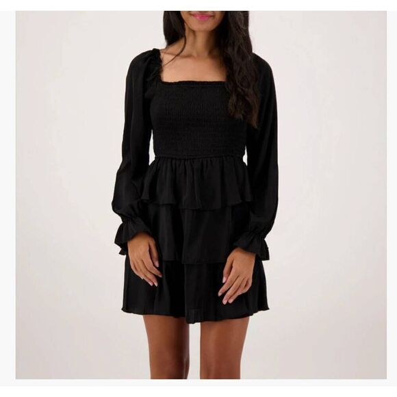 Charmed Hearts Dark Forest Green 3 Tiered Ruffle Mini Dress, Long Sleeves, Smock - Picture 3 of 11